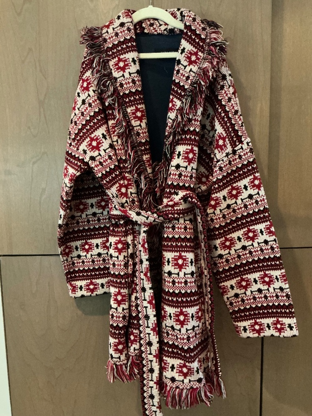 Zara Burgundy Cream Fair Isle Fringe Cardigan Sweater Boho Western Cozy